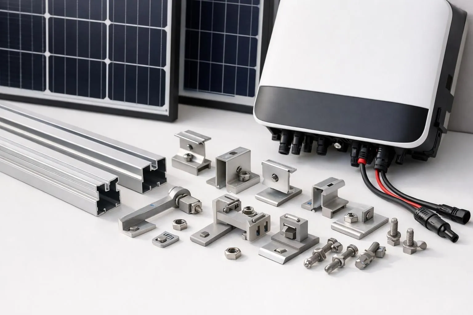 Professional solar installation equipment display showing photovoltaic panels, modern inverter unit, aluminum mounting rails and fixing brackets arranged on white surface, clean technical product photography with natural lighting, no text or labels visible