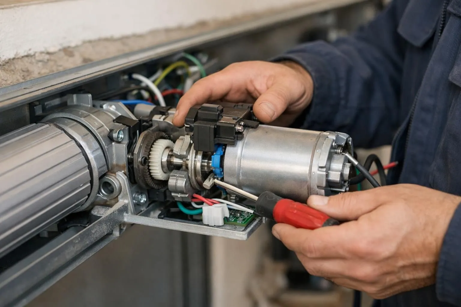 Professional technician working on electric roller shutter motor installation, showing the technical complexity and mechanical components of motorized shutters for a French home renovation context