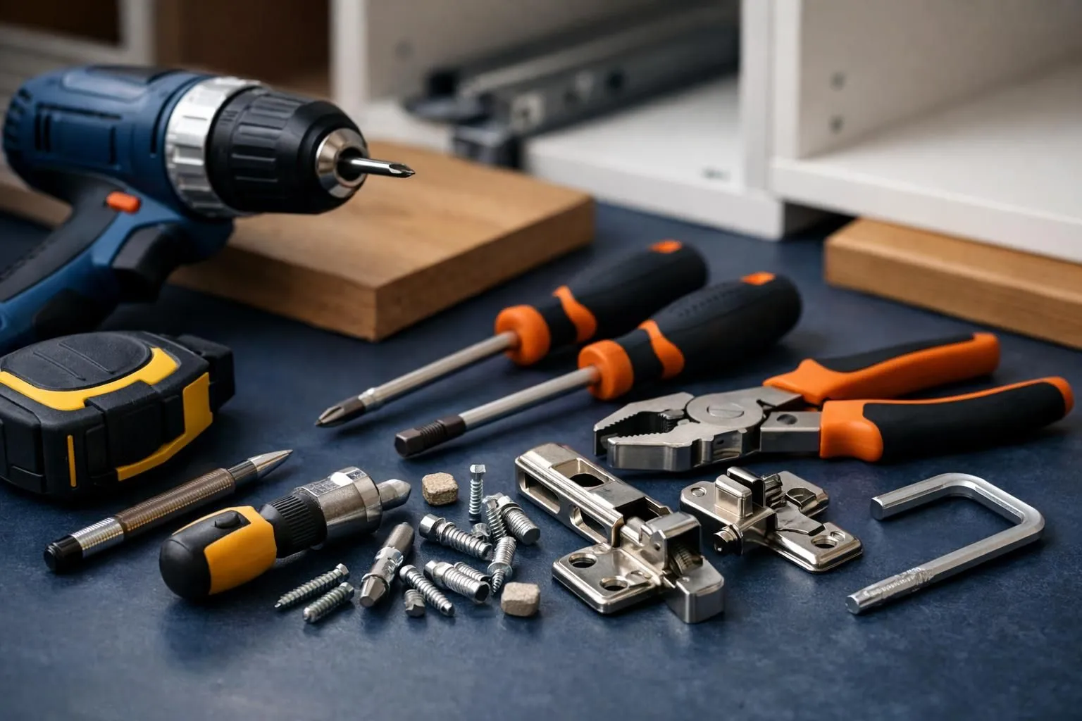 Assortment of power tools, screws, and hardware on a dark surface.