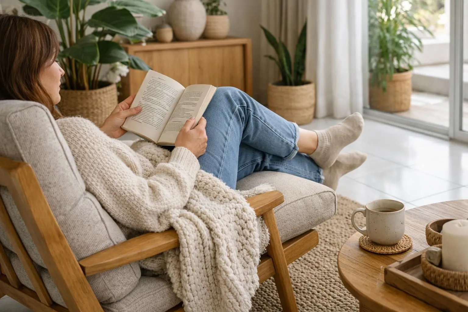 Modern living room with pristine white tile flooring partially covered by a large textured area rug in warm beige tones, comfortable armchair and sofa with plush cushions, wooden coffee table, indoor plants, natural daylight streaming through windows creating a cozy atmosphere, layered textile textures visible, warm color palette contrasting with white floor
