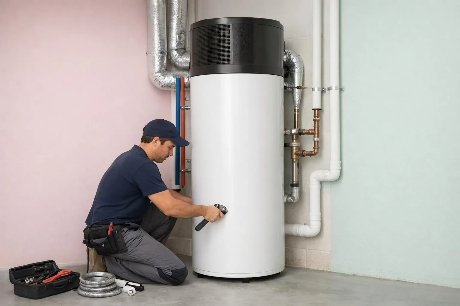 A technician servicing a large white water heater in a utility room.