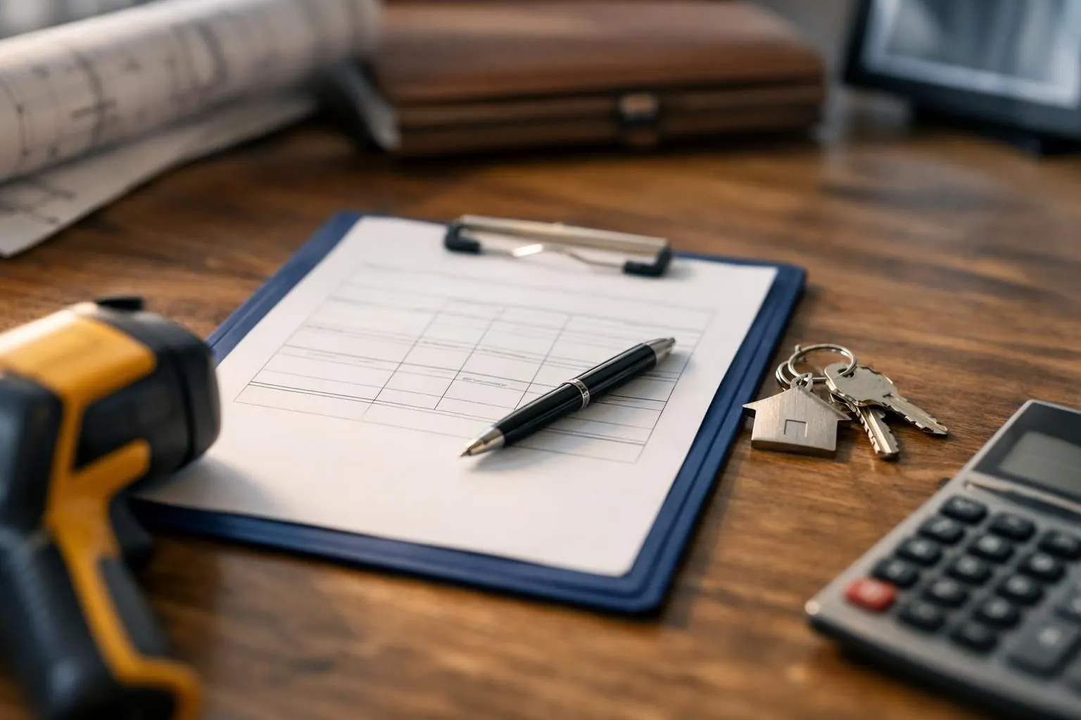 Clipboard with grid, pen, calculator, and house keys on wooden desk.