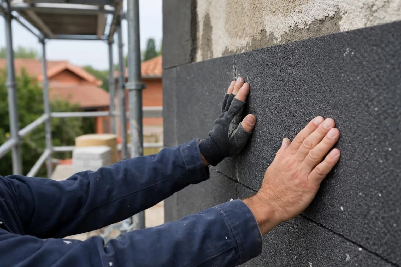 Professional workers installing insulation panels on an exterior building wall in Toulouse, with scaffolding and modern materials visible, showing attention to detail and craftsmanship in a residential neighborhood setting