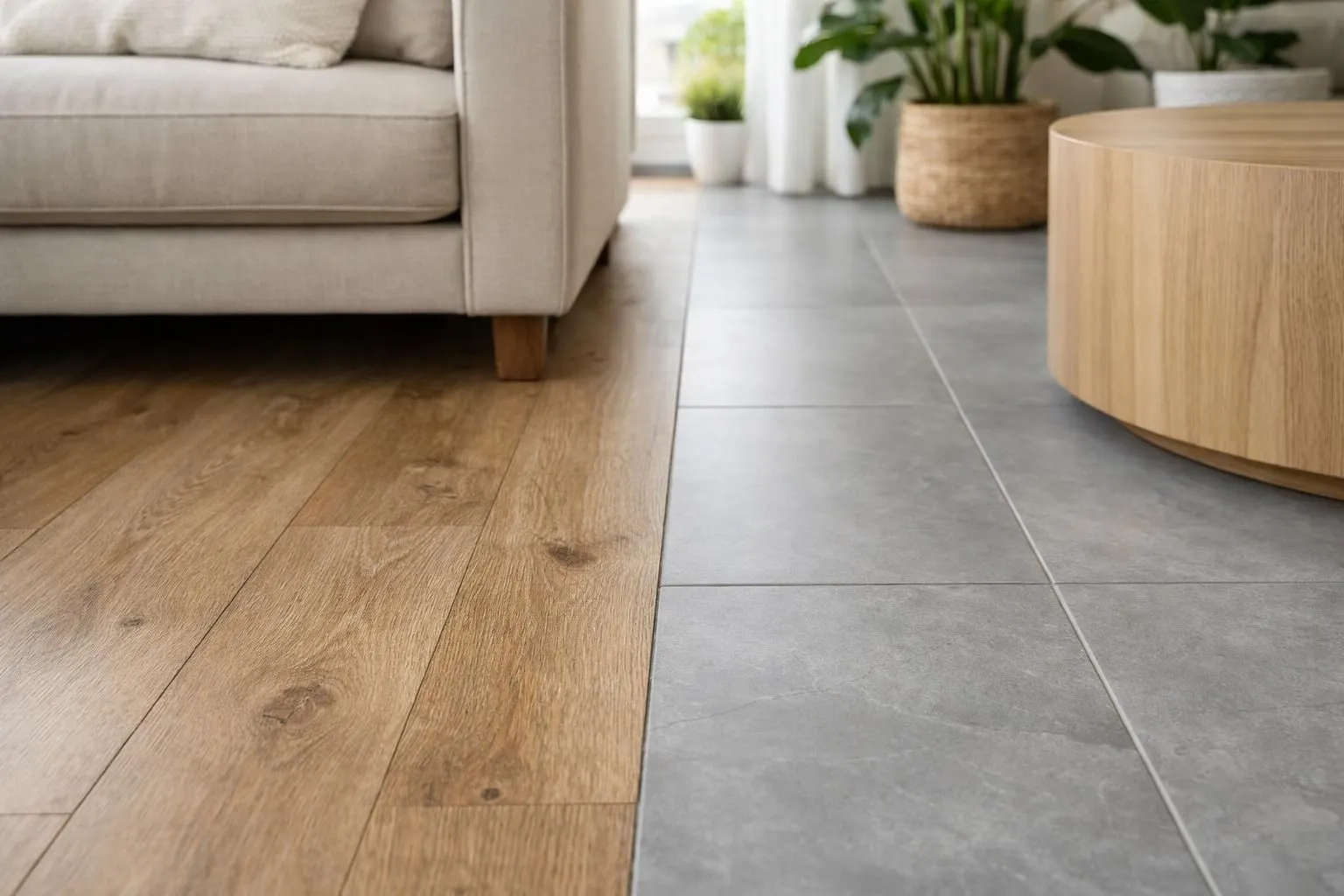 Salon moderne divisé visuellement en deux zones avec sol vinyle effet bois naturel à gauche et carrelage gris élégant à droite, canapé beige au centre, lumière naturelle traversant une grande fenêtre, plantes vertes décoratives, rendu photographique réaliste