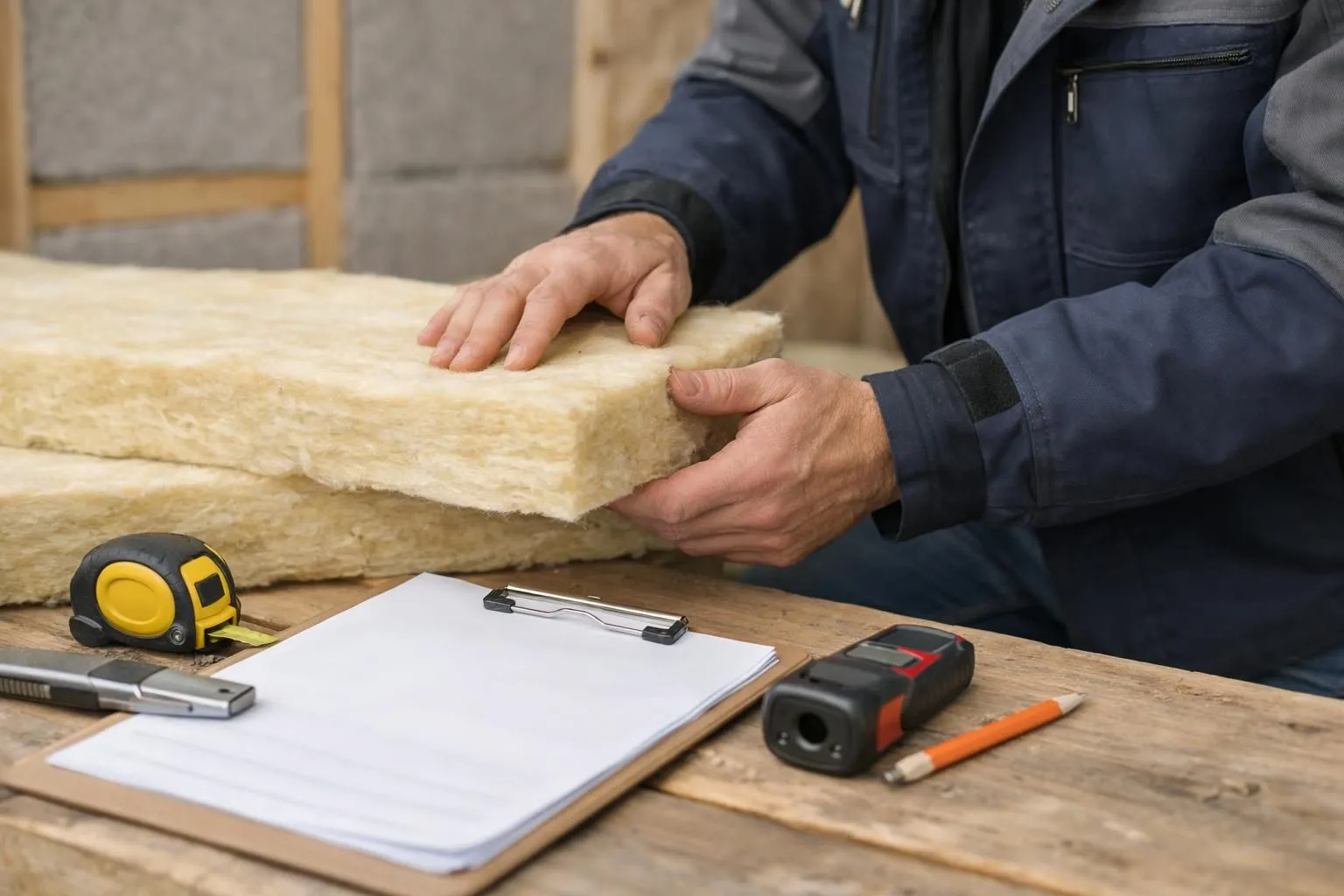 A professional insulation contractor in workwear inspecting thermal insulation materials on an interior residential wall renovation site, with visible insulation panels, measuring tools, and certification documents on a clipboard in the foreground, natural lighting through windows