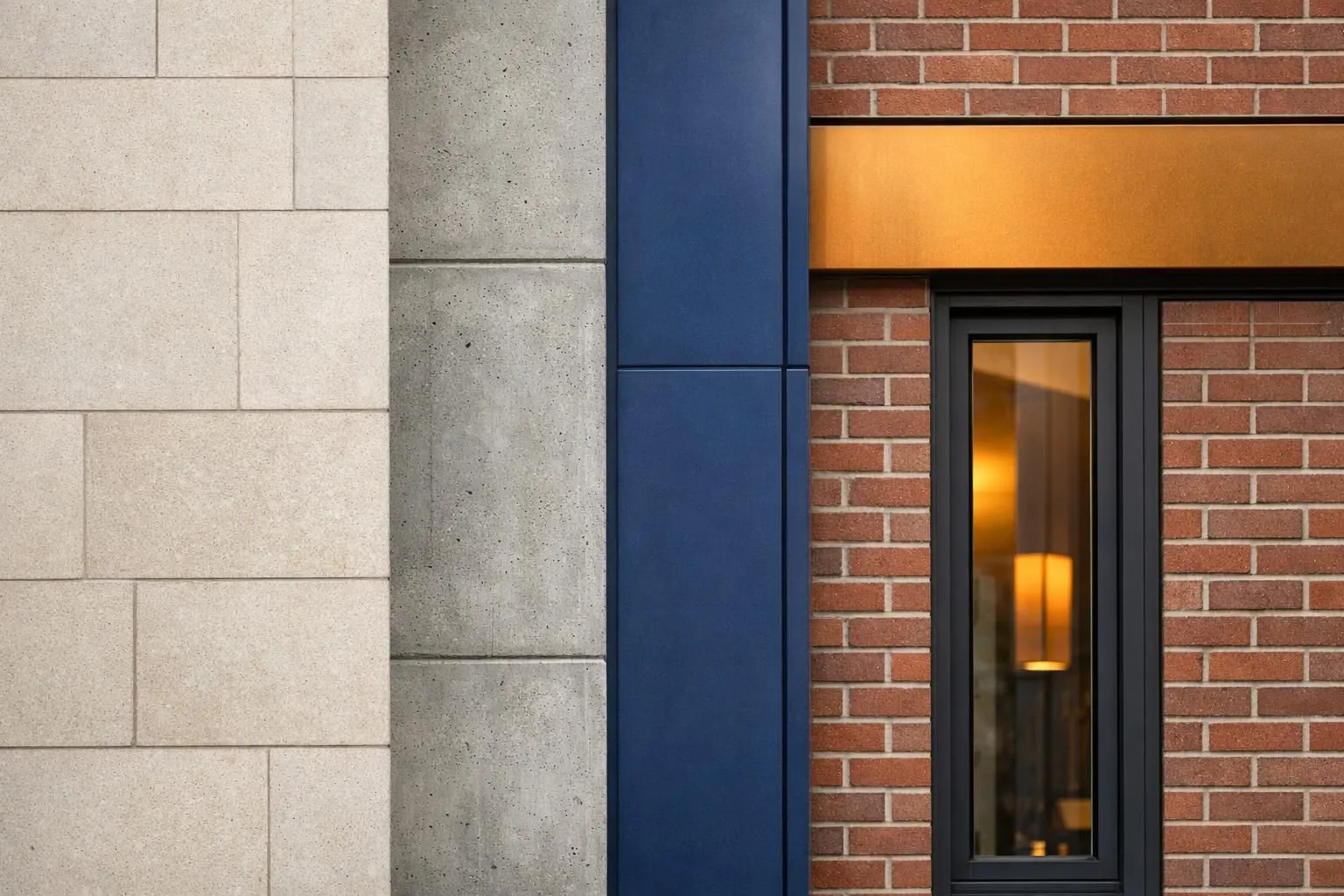 Concrete and brick exterior with contrasting blue and orange accents.