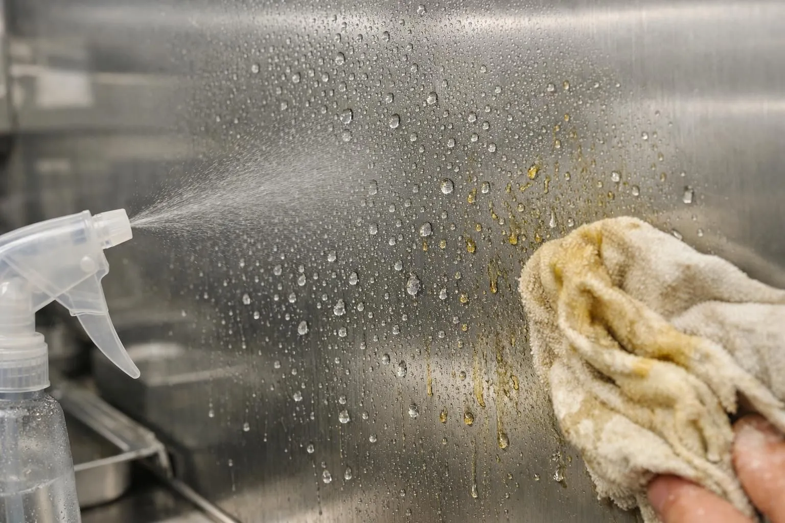 Professional kitchen wall showing water droplets and oil splatter beading on glossy paint surface, with close-up view of moisture resistance test using spray bottle and grease-stained cloth against white protective coating in commercial food preparation environment