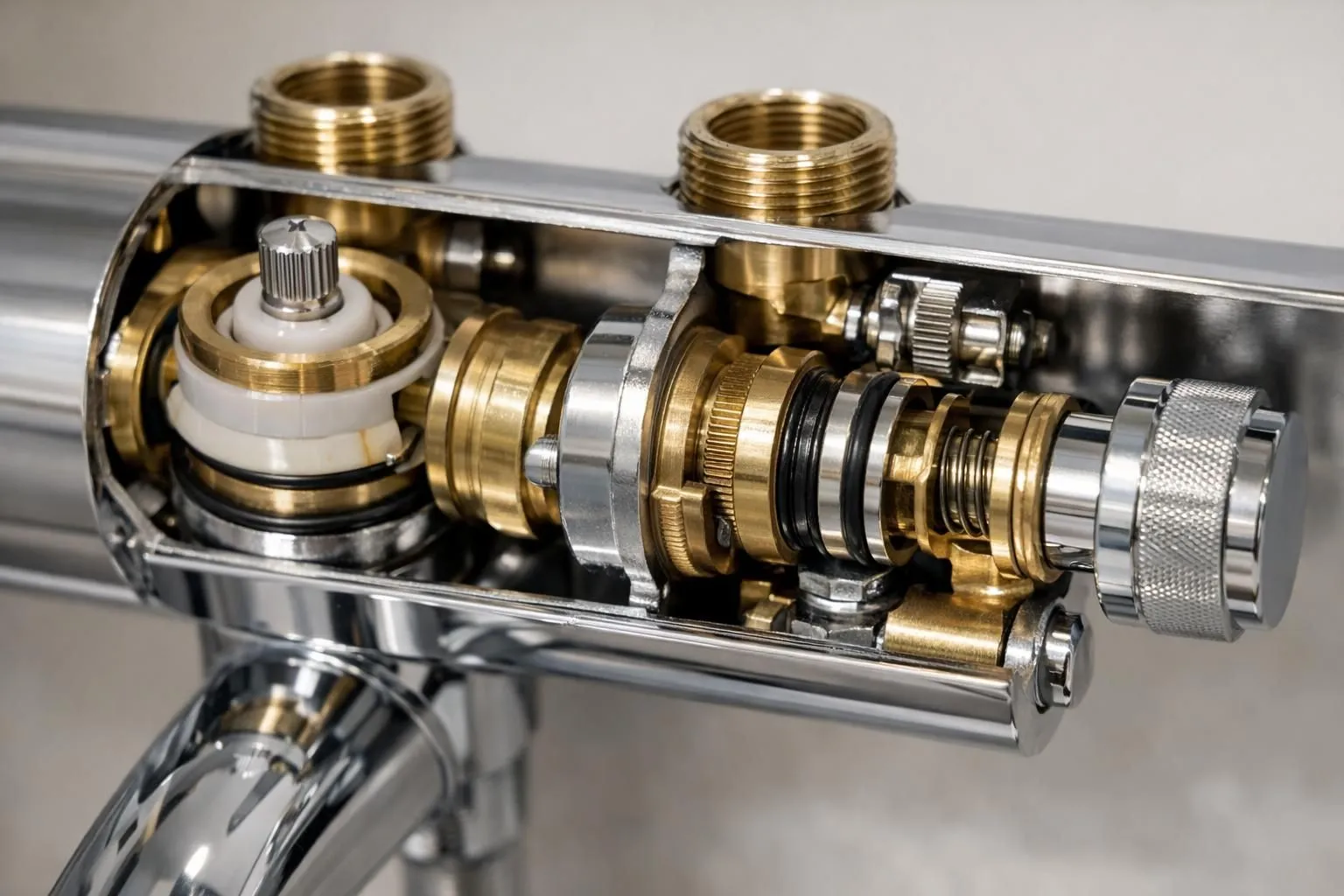 Technical cutaway view of a premium thermostatic cartridge inside a chrome shower mixer tap, showing internal ceramic discs and wax element mechanism, professional product photography with soft lighting highlighting metal precision, no text or labels visible