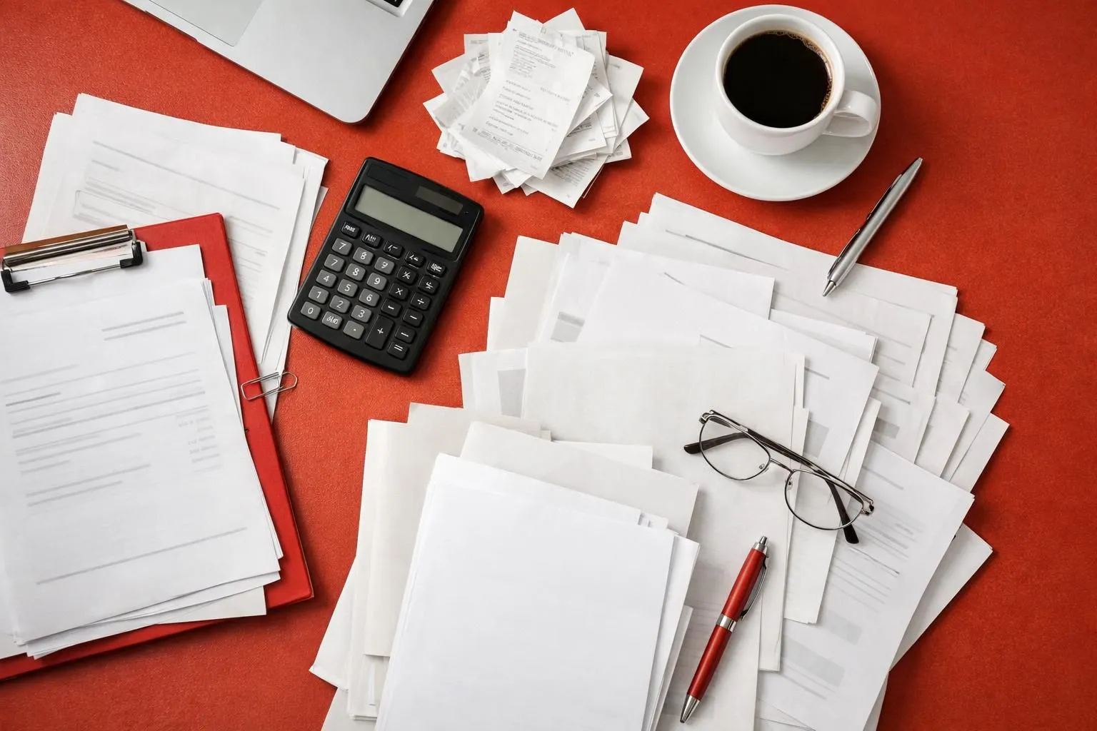 Desk with office supplies, calculator, coffee, and scattered documents.
