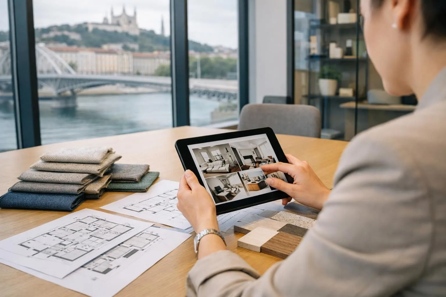 Homeowner reviewing interior design portfolio on tablet with architect in modern Lyon consultation space, displaying renovation before and after photos on screen, professional meeting environment with fabric samples and floor plans on table