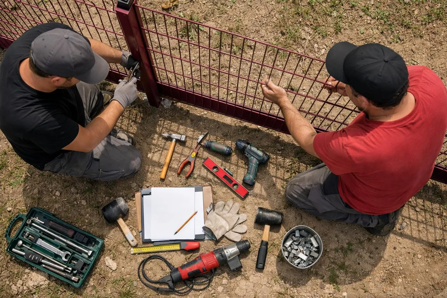 Two workers repairing a metal fence with tools and equipment.