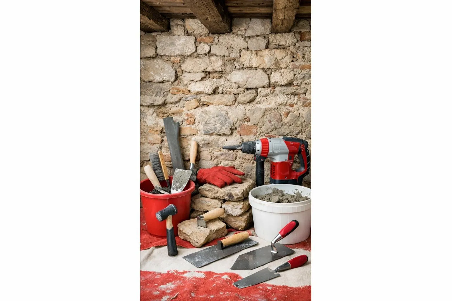 Masonry tools, gloves, and construction materials against a stone wall.