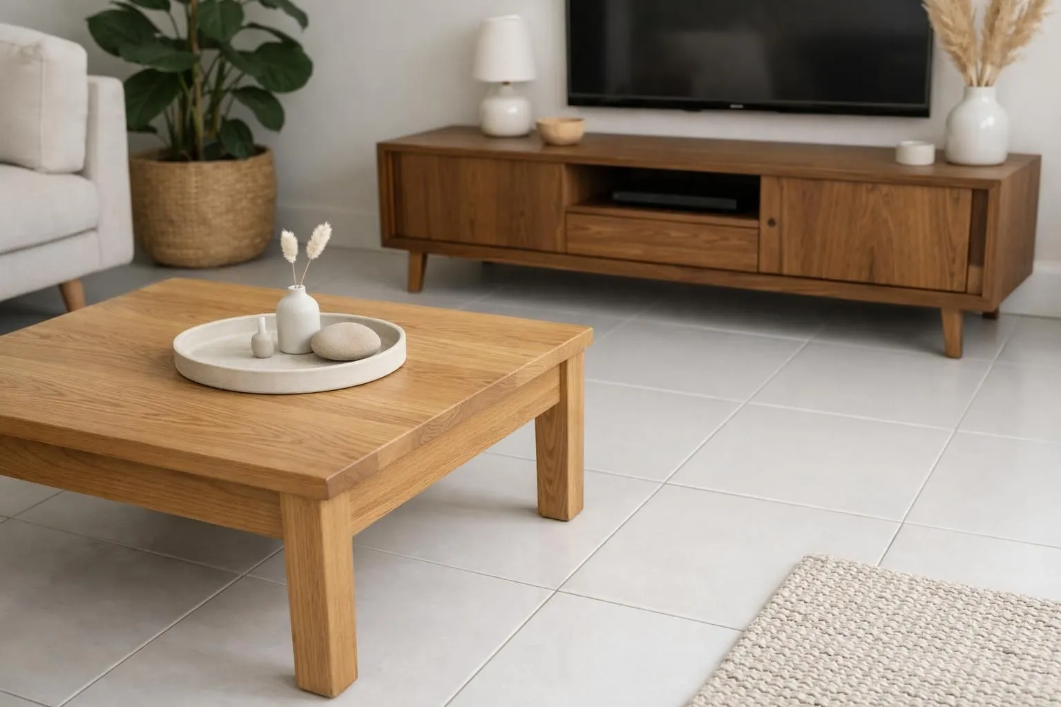 Modern living room showcasing white ceramic tile flooring with natural wood furniture including oak coffee table and walnut console, soft daylight, warm Scandinavian interior design, green plants, minimalist decor