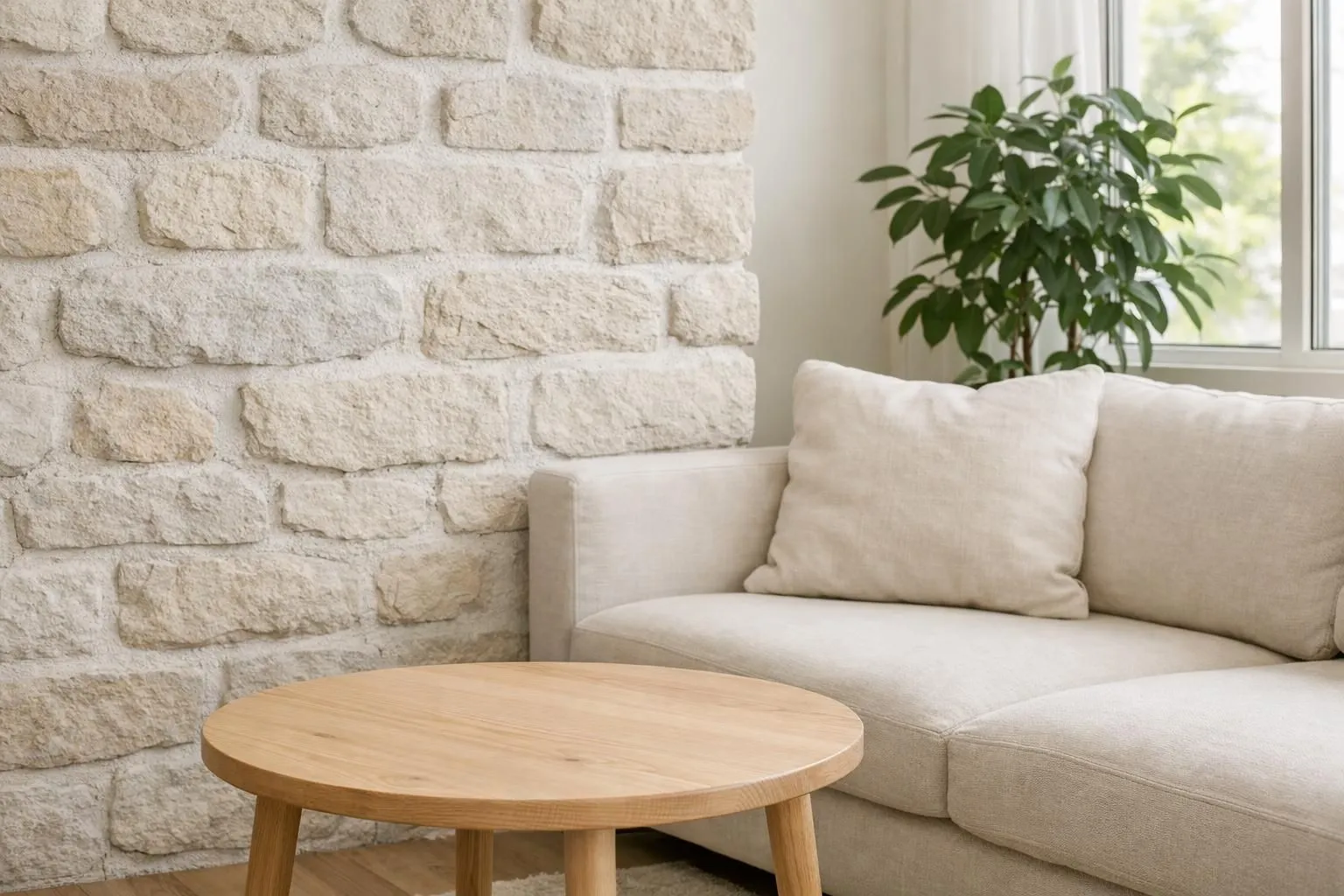 Modern Scandinavian living room featuring exposed light stone wall with white mortar, pale ash wood coffee table, cream linen sofa, white wool throw blanket, potted fiddle leaf fig tree beside window with natural daylight, light oak flooring, minimalist black metal pendant lamp