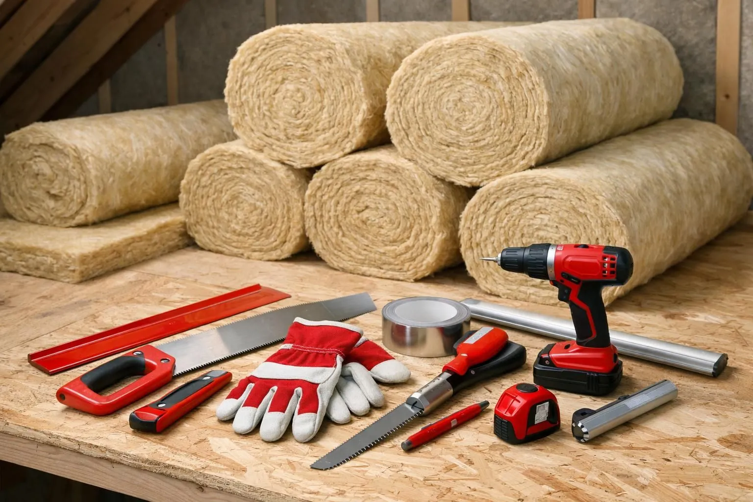 Rolls of insulation, construction tools, and safety equipment on wooden surface.