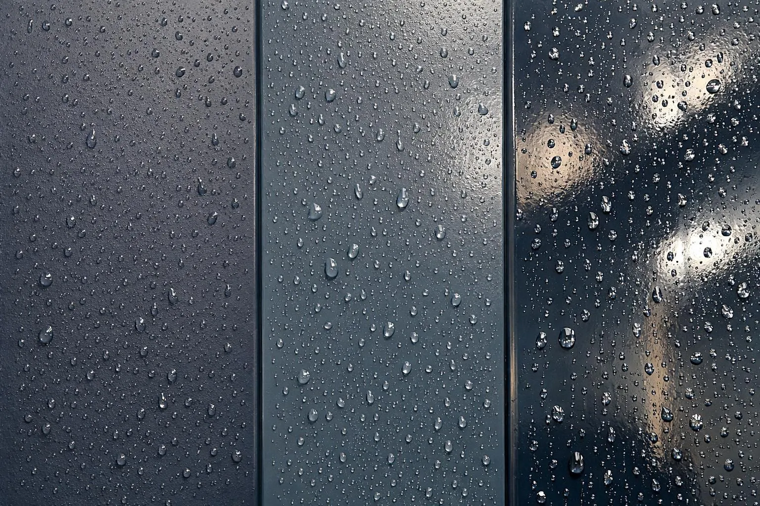 Close-up view of three adjacent bathroom wall sections painted with different finishes - matte, satin, and glossy - showing distinct light reflection patterns under bathroom lighting with water droplets visible on surfaces