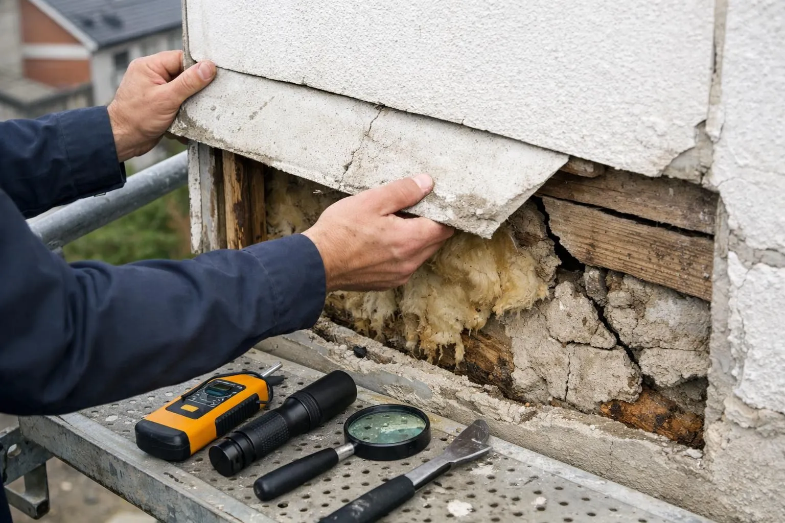 Close-up of a contractor's hands lifting a damaged facade panel revealing wet insulation and cracked structural elements underneath, with inspection tools visible on a scaffold platform
