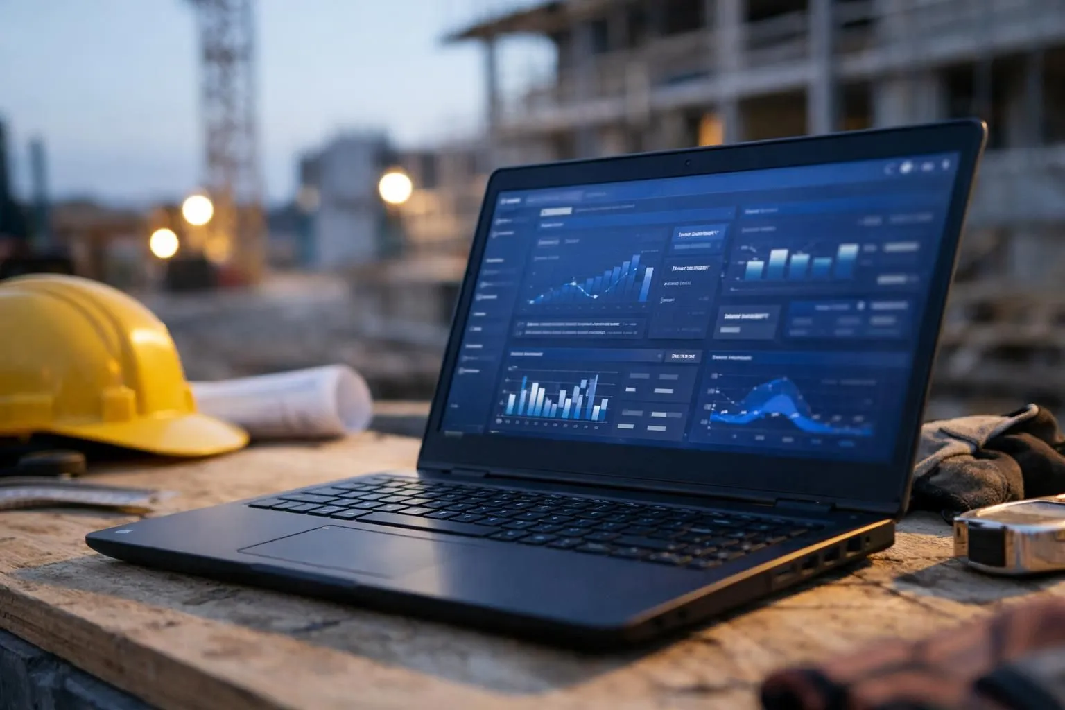 Laptop displaying data analytics dashboard on a construction site.