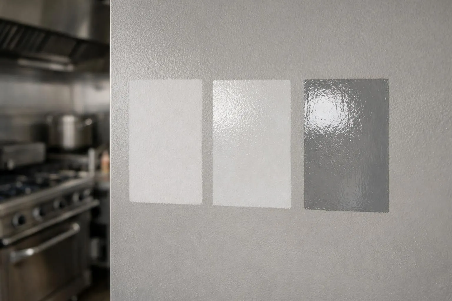 Professional kitchen wall close-up showing three distinct paint finish samples side by side - satin, gloss, and matte - with realistic lighting revealing texture differences and reflectivity levels, kitchen equipment visible in background, no text or labels