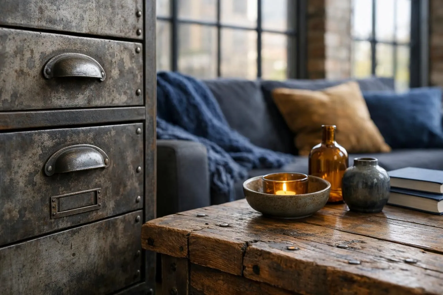 Modern industrial living room featuring exposed red brick wall, weathered metal shelving unit, reclaimed wood coffee table, concrete flooring, and vintage Edison bulb pendant lights, with large windows letting natural light illuminate the raw textures