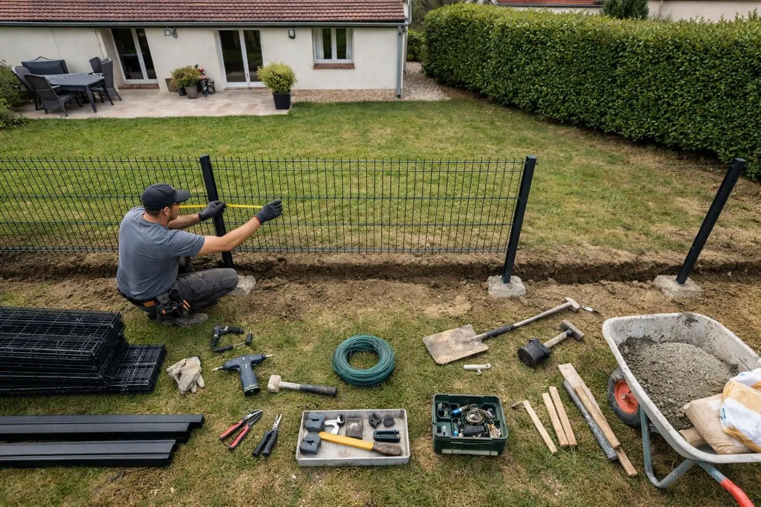 Professional fence installer measuring and installing rigid wire mesh panels on metal posts in a French residential garden, with tools, cement mixer, and fence materials visible in the background, suburban home visible