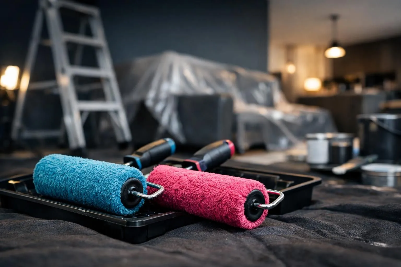 Painting tools, rollers, and ladder in a home improvement setting.