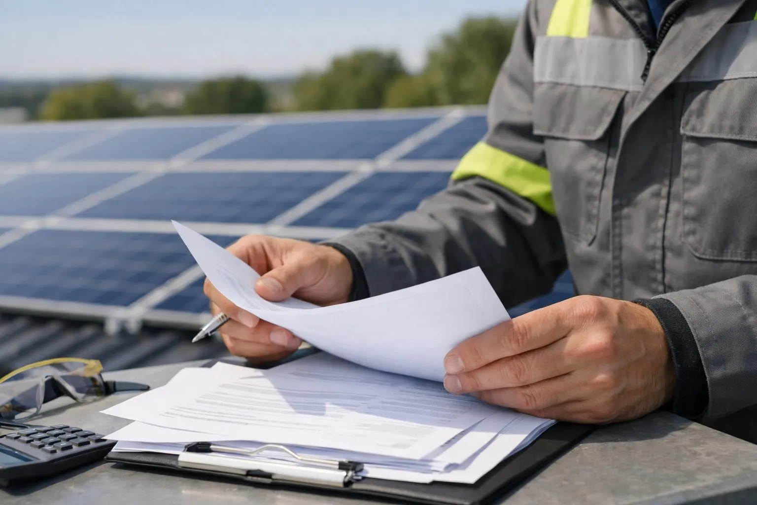 Solar panels, worker reviewing documents, outdoor construction site.