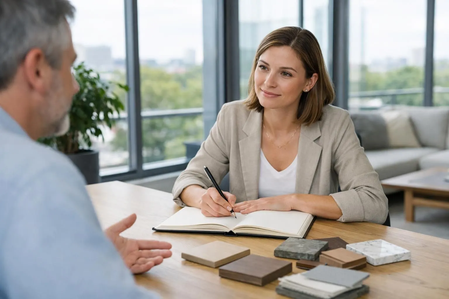 A woman in a beige blazer sitting at a desk, taking notes.