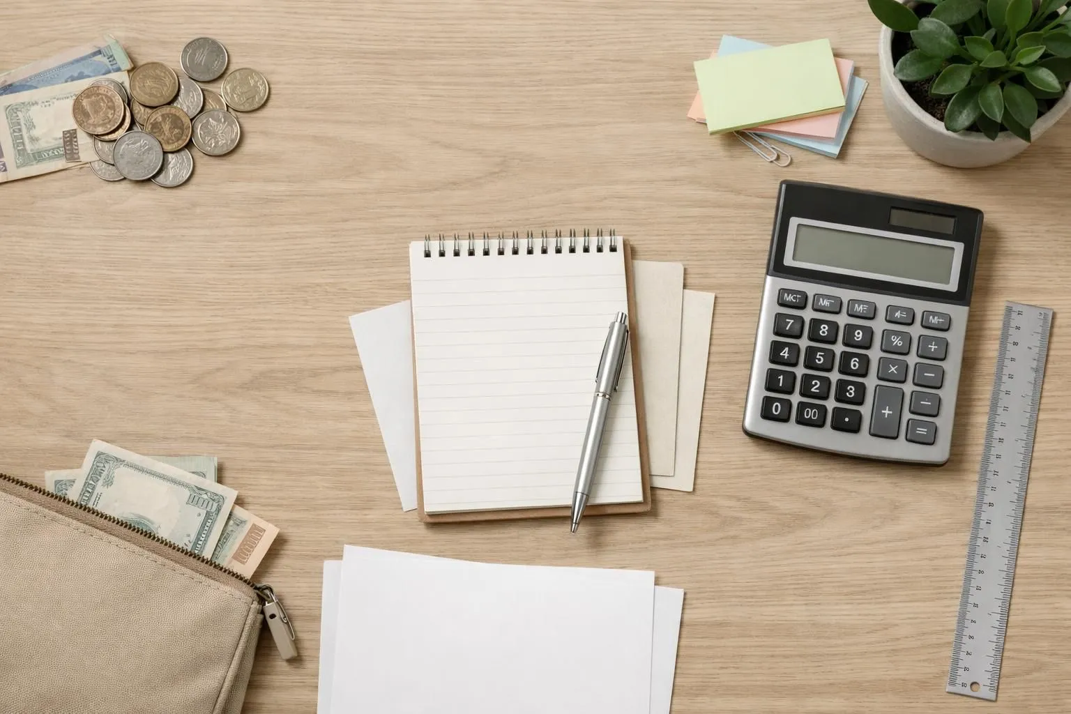 Desk with office supplies, calculator, money, and blank notebook.