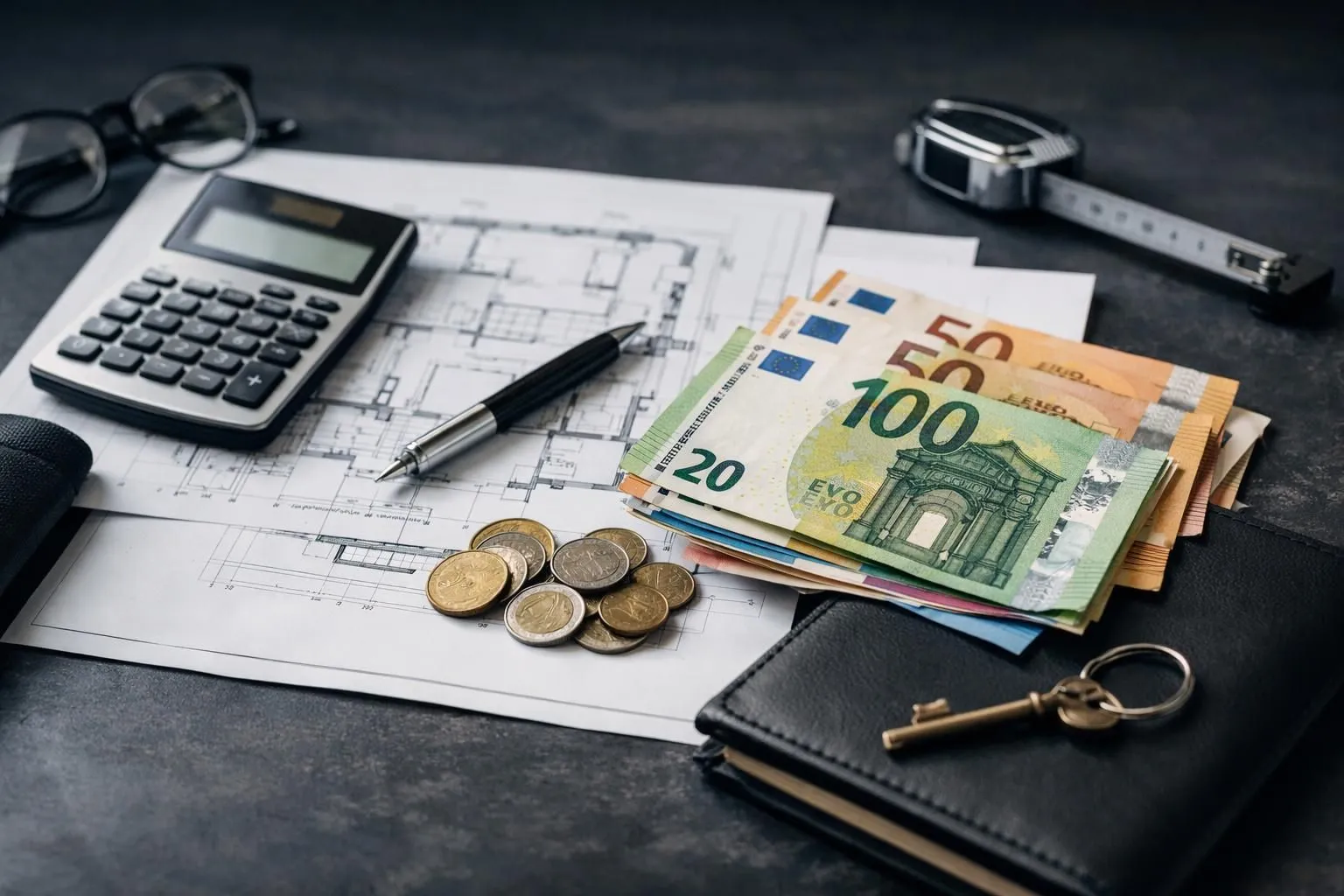 Architectural blueprints, calculator, euro banknotes, and coins on a dark surface.