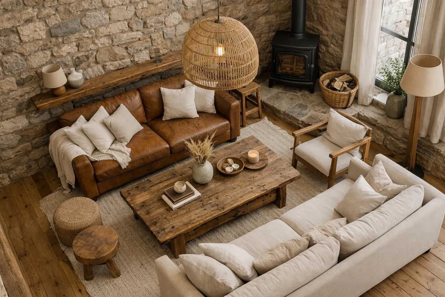 Cozy rustic living room with stone walls, leather sofa, and woven lighting.