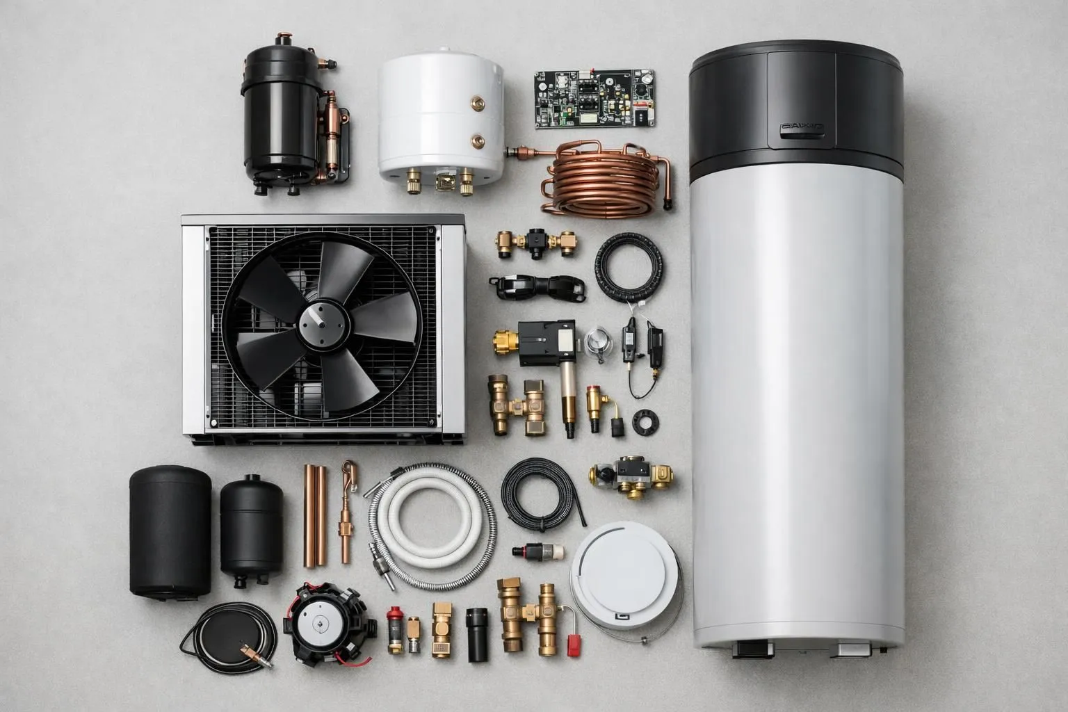 Various components of an air conditioning system, including compressor, condenser, and other parts.