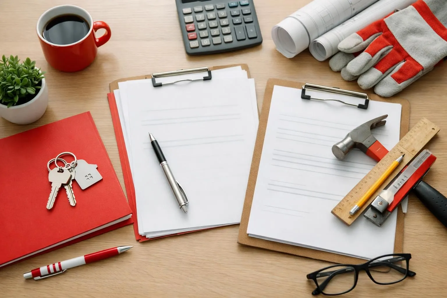 Desk with office supplies, calculator, coffee mug, and construction tools.