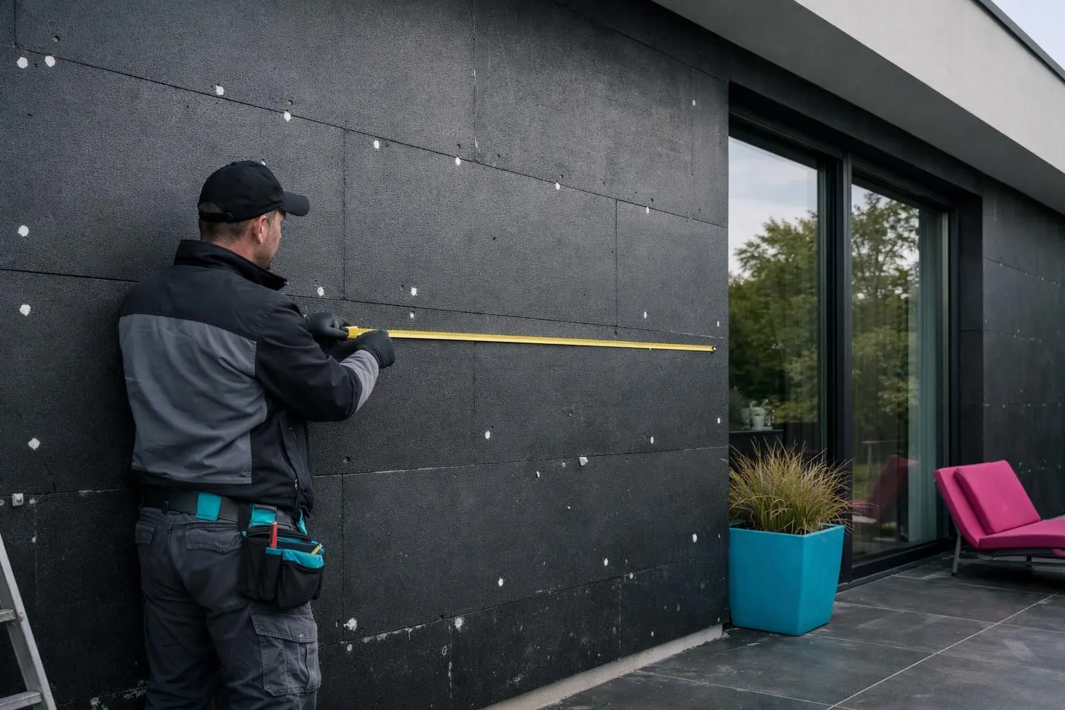 Worker measuring and installing black exterior wall panels.