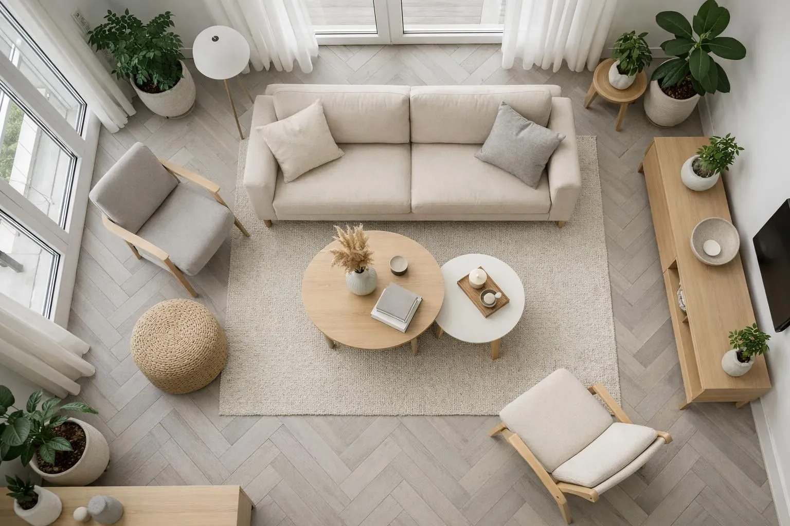 Modern 2026 living room showcasing herringbone wood flooring in light gray tones, minimalist Scandinavian furniture with clean lines, large floor-to-ceiling windows letting in natural light, indoor plants in ceramic pots, neutral color palette with beige sofa, no text or labels visible