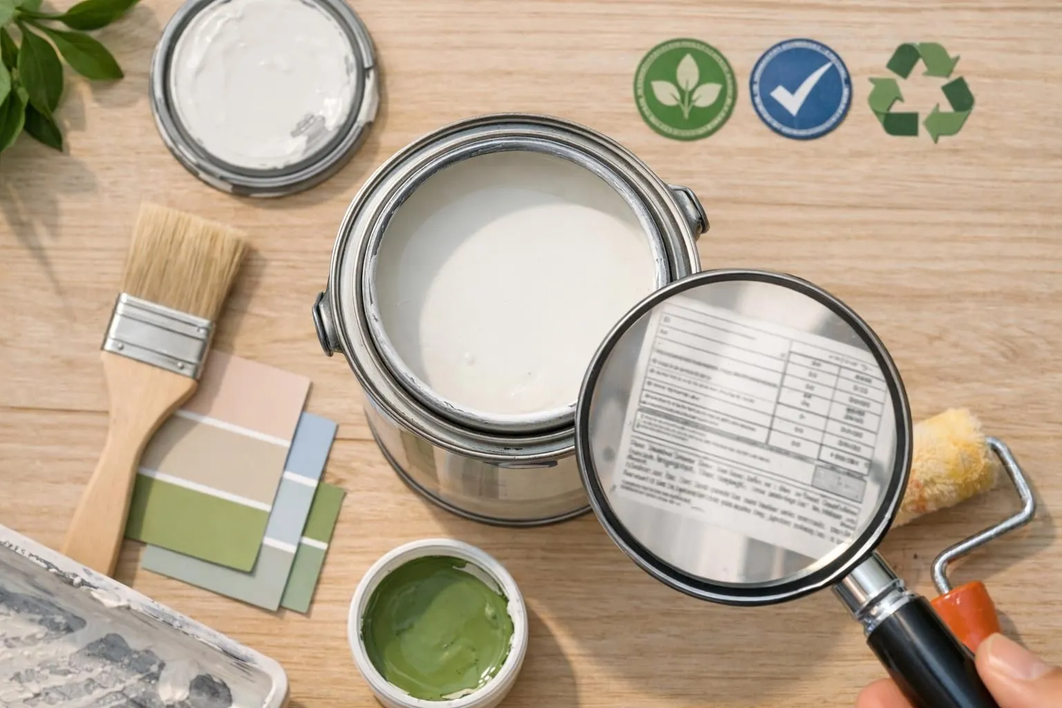 Paint cans, brushes, color samples, and a magnifying glass on a wooden surface.