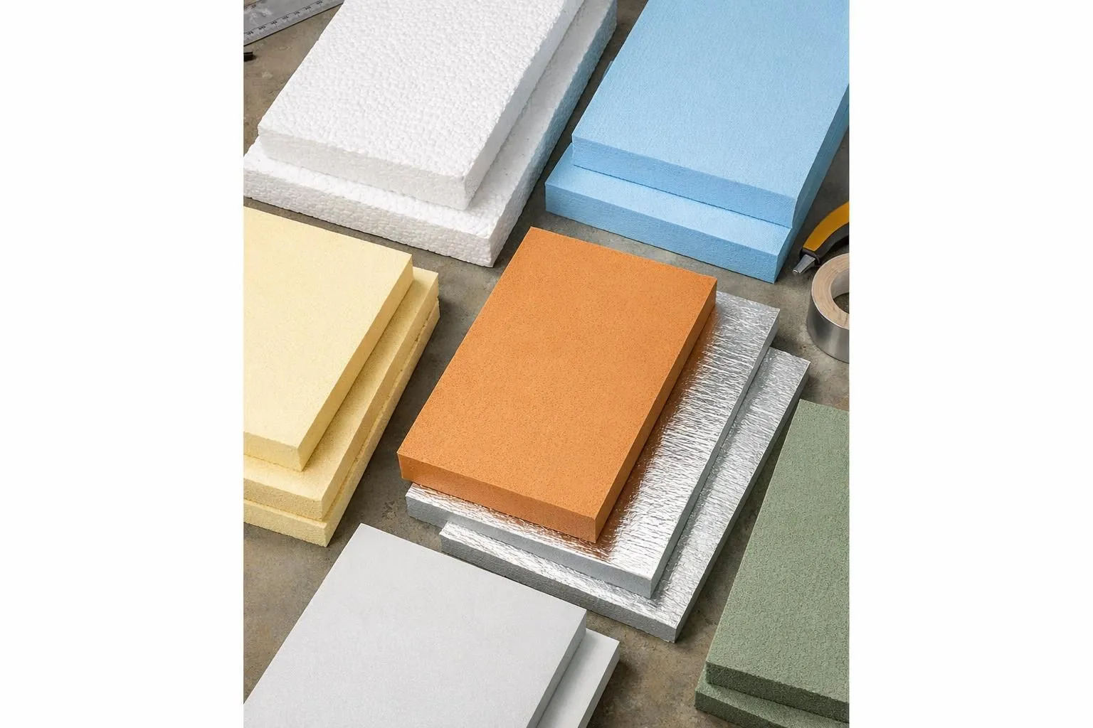 Various construction materials, including foam, wood, and metal sheets.
