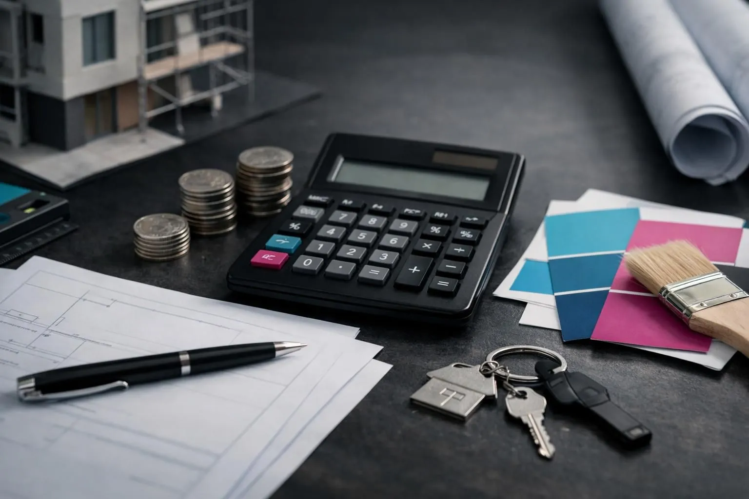 Desk with calculator, coins, keys, and architectural plans.