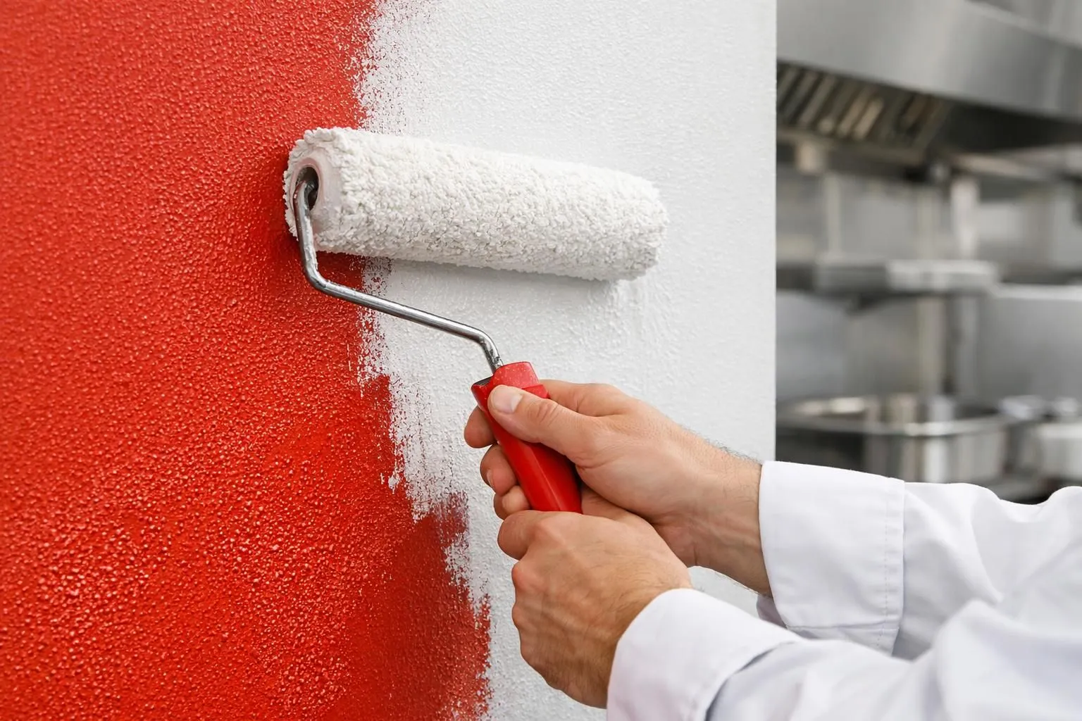 Hands painting a red wall with a white roller.