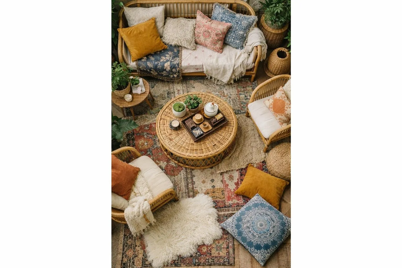 Cozy boho-style living room with plush textiles and natural accents.