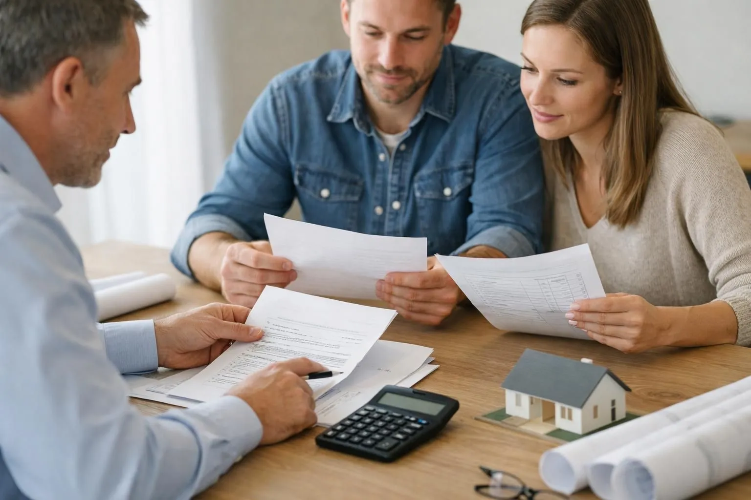 Couple reviewing financial documents with real estate agent at table.