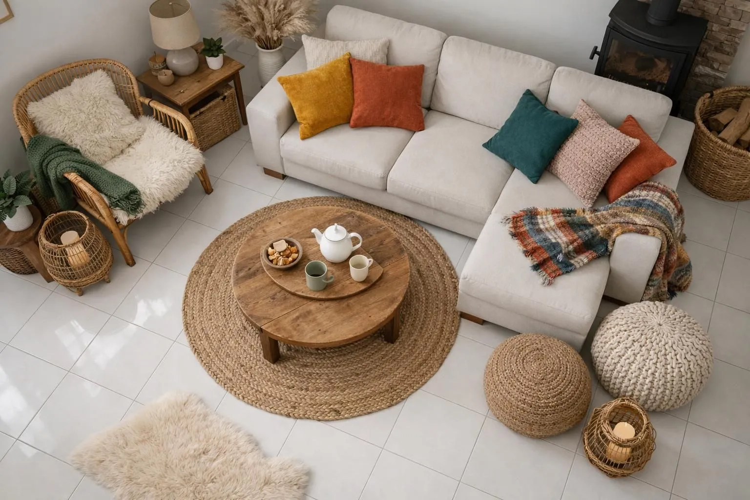 Cozy living room with natural textures and earthy tones.