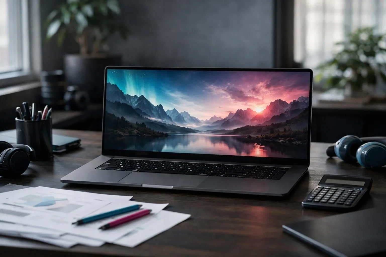 Laptop displaying a breathtaking mountain landscape at sunset.