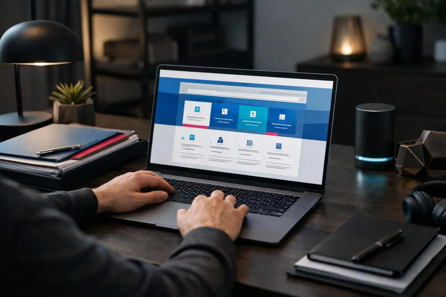 Person using laptop at desk completing online government form, French government website interface visible on screen, organized documents beside computer, professional home office setting