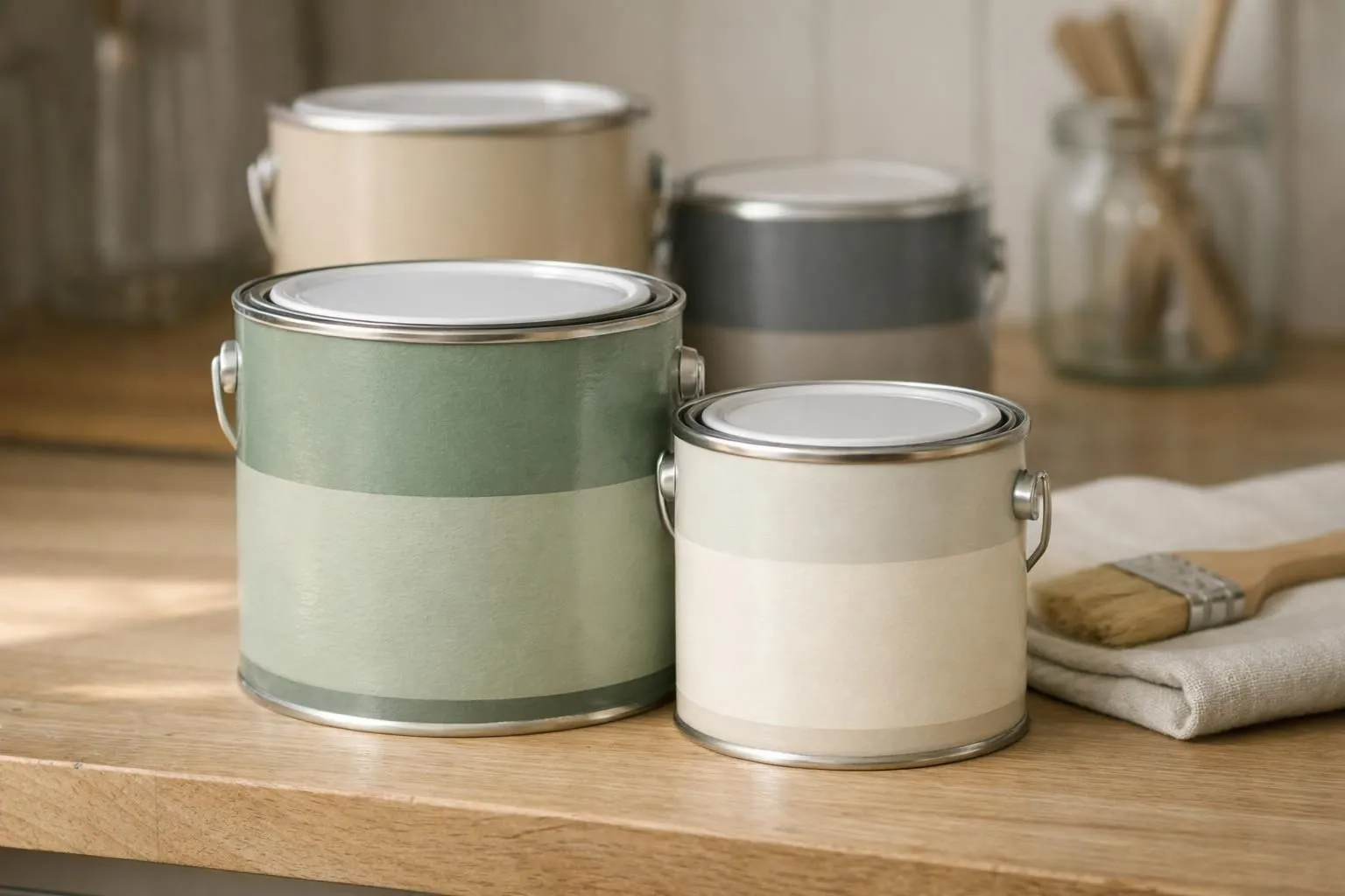 Assorted paint cans in various colors on wooden surface.