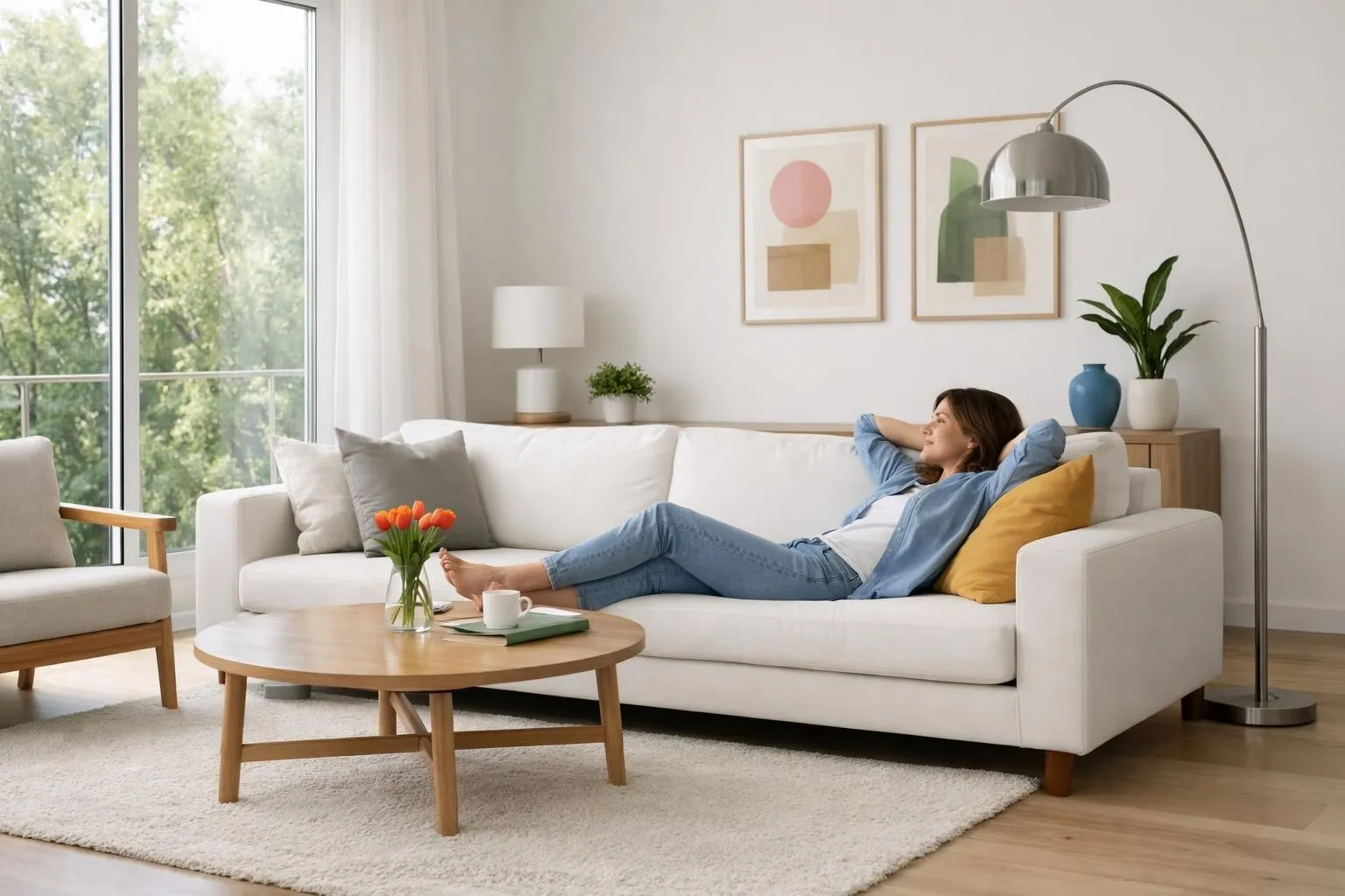 Cozy living room with white sofa, artwork, and natural light.