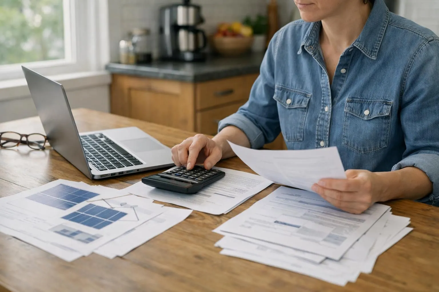 Homeowner sitting at kitchen table surrounded by multiple solar installation quotes and documents, comparing different offers with calculator and laptop, natural daylight through window, realistic home interior, paperwork spread across wooden table surface