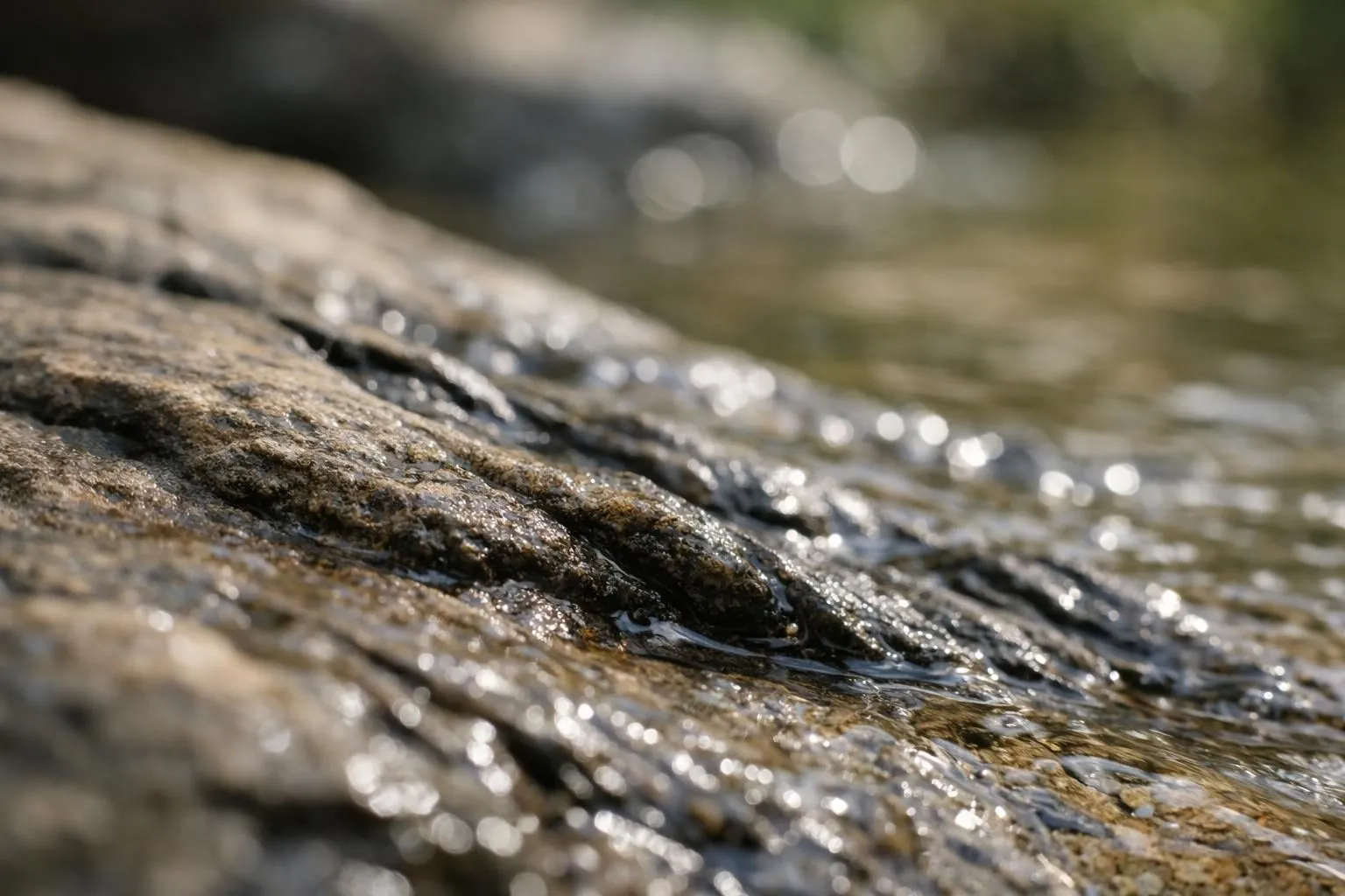 Flowing water over a rocky surface, with shimmering reflections.