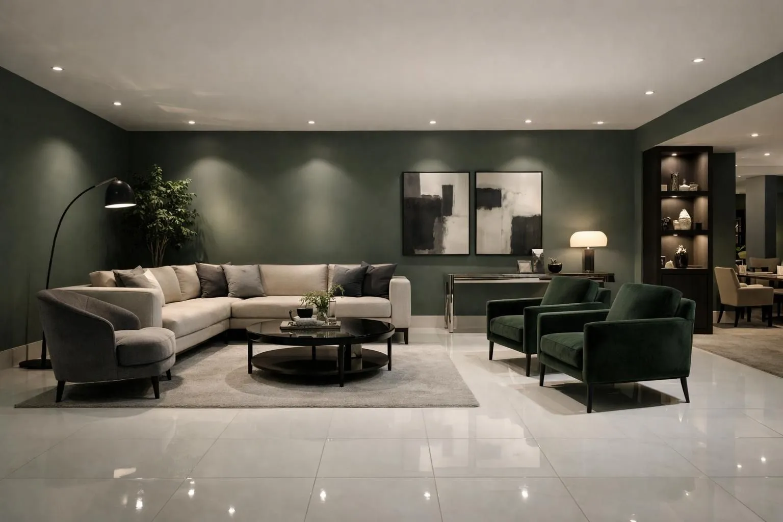 Luxurious modern living room with dark green walls, plush seating.