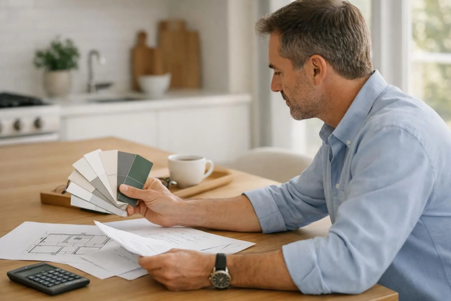 Middle-aged man reviewing color swatches in a kitchen setting.
